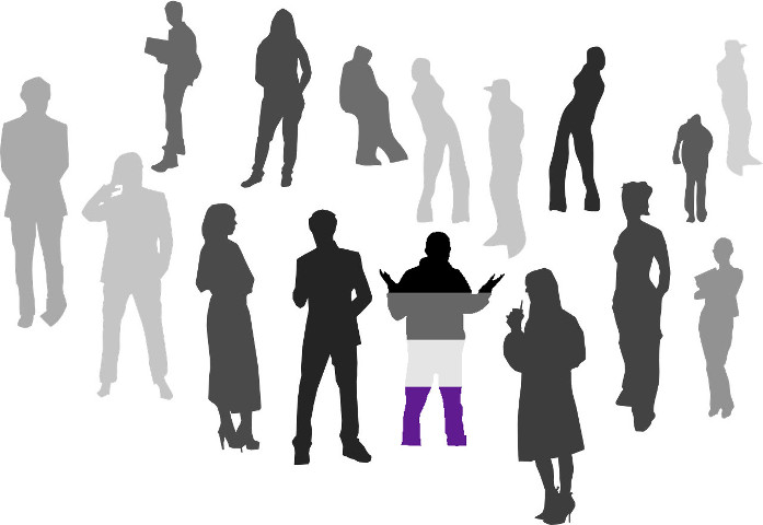 A crowd of greyscale silhouettes of different people standing around. In the middle of the group, a silhouette in the colours of teh asexual pride flag has their arms raised in confusion.